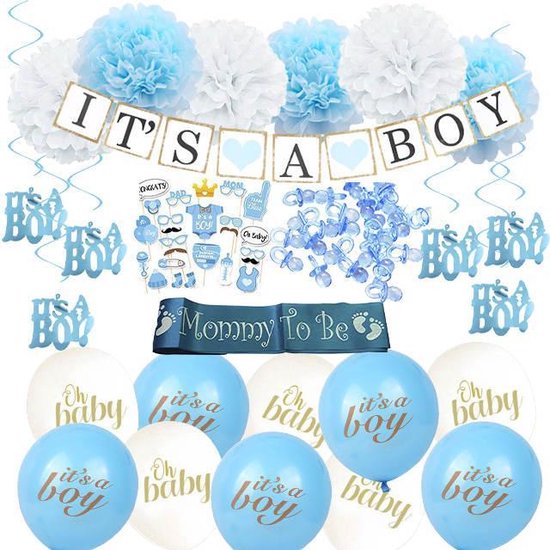 Versier Pakket It's a Boy babyshower versiering blauw Babydouche - Geboorte versiering jongen - Baby Shower decoratie - blauwe ballonnen - Sjerp - Babydouche