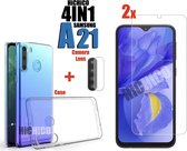 2pcs Samsung Galaxy A21 Screenprotector Glas + 1x camera lens screen protector + Hoesje Shock Proof Siliconen Hoes Case Cover Transparant , Tempered Glass, Glass, Beschermglas, Gla
