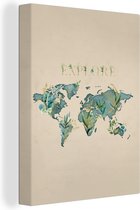 Wanddecoratie Wereldkaart - Turquoise - Planten - Canvas - 90x120 cm