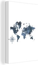 Wanddecoratie Wereldkaart - Kompas - Glitter - Canvas - 60x90 cm