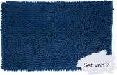 2x Badmat - Hoogpolig - 80x50 cm - Donker blauw  - Zacht - Rechthoek - Douchemat - Badmatten - Badkamer - Antislip - Badkamermat