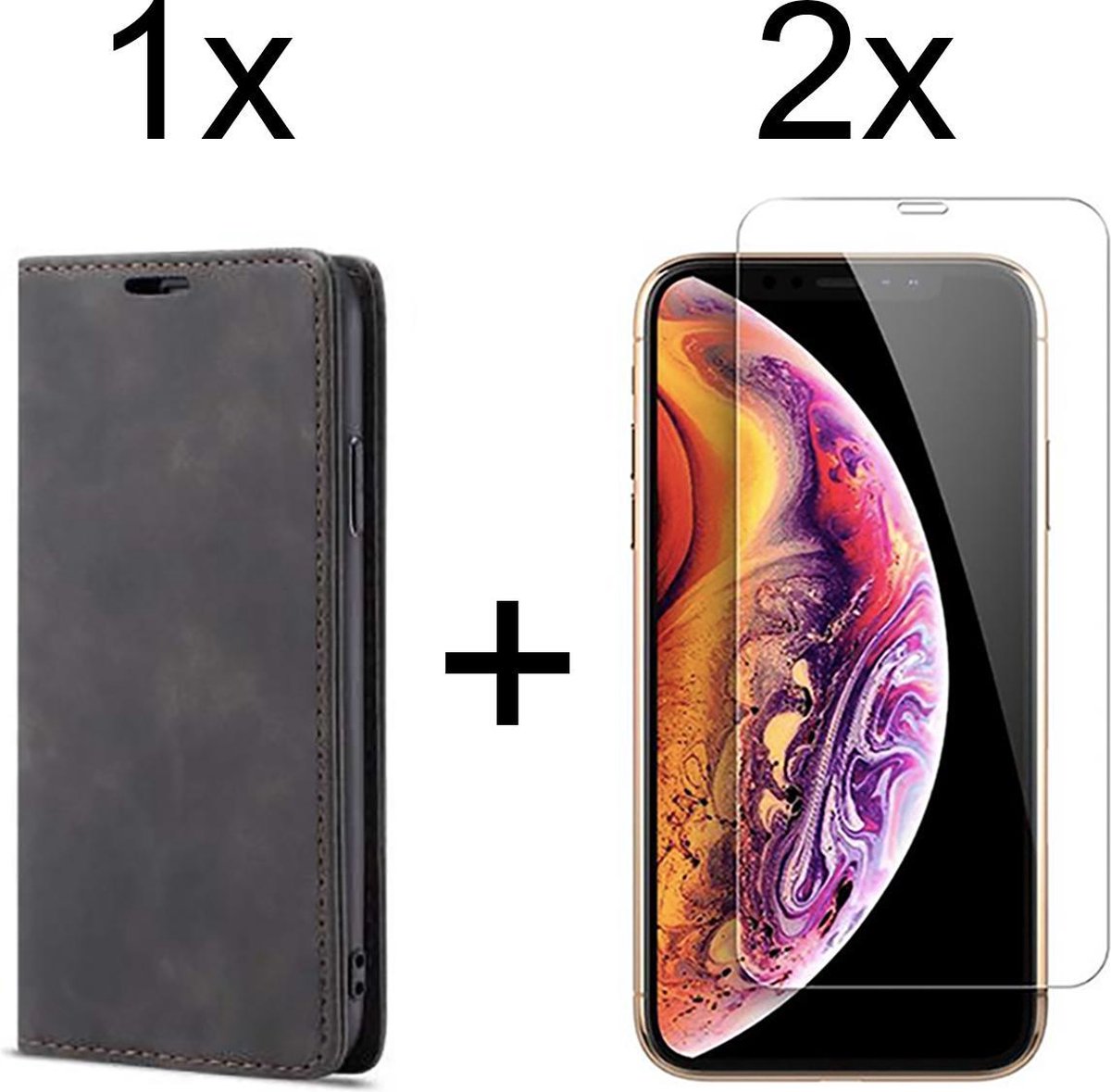 iPhone X/XS/10 hoesje bookcase zwart wallet case portemonnee book case cover - 2x iPhone X/XS Screenprotector