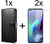 Motorola Moto G100 hoesje bookcase met pasjeshouder zwart wallet portemonnee book case cover - 2x Motorola Moto G100 screenprotector