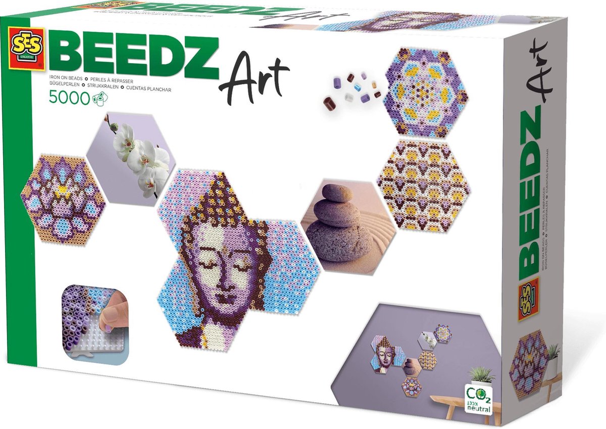 SES Beedz Art - Hex tiles Zen - 5000 strijkkralen - collage met strijkkralen en foto's - complete set met grondplaten en fotostickers