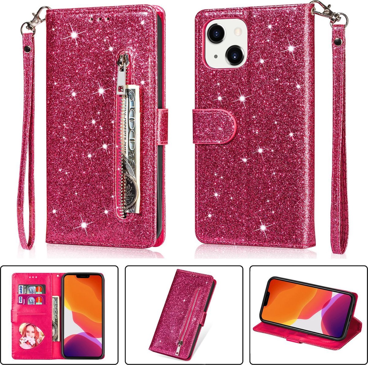 Glitter Bookcase voor Apple iPhone 13 | Hoogwaardig PU Leren Hoesje | Lederen Wallet Case | Telefoonhoesje | Pasjeshouder | Roze