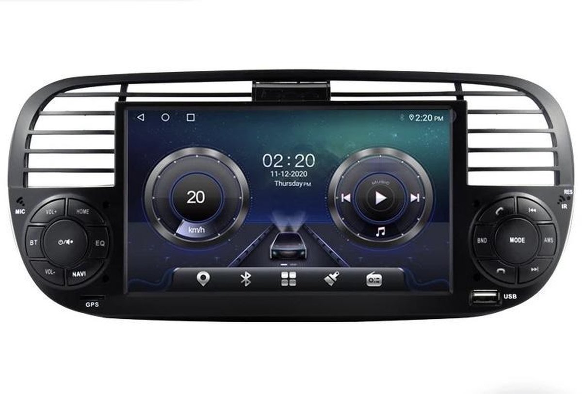 Wireless CarPlay Fiat 500 2007-2015 2+32GB Android 10 navigatie en multimediasysteem Bluetooth USB WiFi ZWART