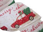 Kerst Lint met IJzerdraad | Luxe Weefband 63mm (6,3cm) | Christmas Truck Bus | Kerst Truck | Creme Rood Goud Glitter | Cadeaulint | Lengte: 3 Meter