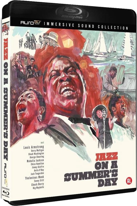 Blu-ray hoes voor "Jazz on a Summer's Day" met een aquarel schilderij van Louis Armstrong en andere jazzmuzikanten, met zeilboten op de achtergrond.