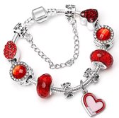 Verzilverde Bedelarmband met Bedels | 18 cm Zilver met Rode bedels | Verzilverde Armband met Kralen | Sieraad Kerst / Sinterklaas / Feestdagen | Armband Rose met Bedels | EmmyRovi