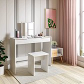 Sierra Kaptafel Wit met Spiegel Opvouwbare 100x45x76cm,Make-up Tafel met Kaptafel Kruk, Wit