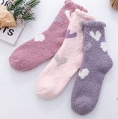 Fluffy Sokken dames  - 3 paar - paars / roze / zalm - huissokken - bedsokken - 36-40 - print hart / hartjes