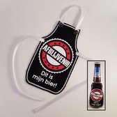 Zwart schortje voor bierfles met "Afblijven!!! Dit is mijn bier!" - biertje, moederdag, moeder, vader, vaderdag, verjaardag, cadeautje, ster, sterretjes, pilsje