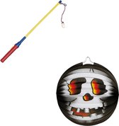 Ronde lampion 26 cm doodskop zwart met lampionstokje - Halloween trick or treat lampionnen versiering