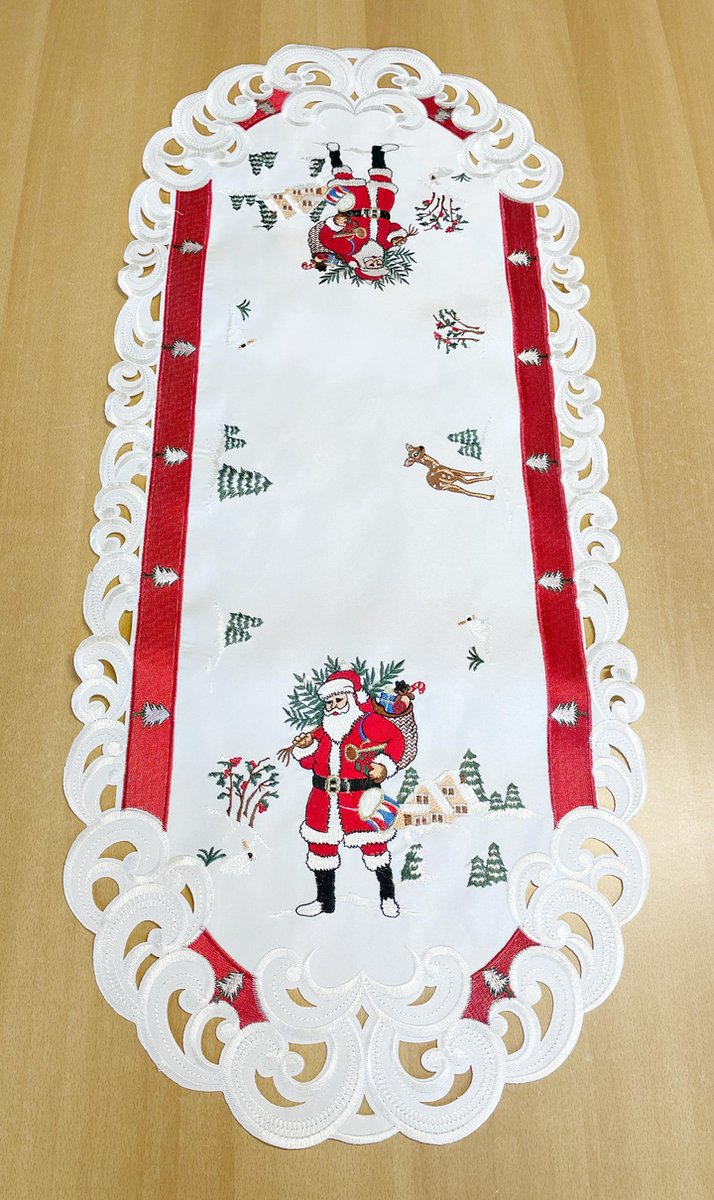 Tafelkleed - Kerst - Offwhite met rode rand en kerstman - Loper 90 cm