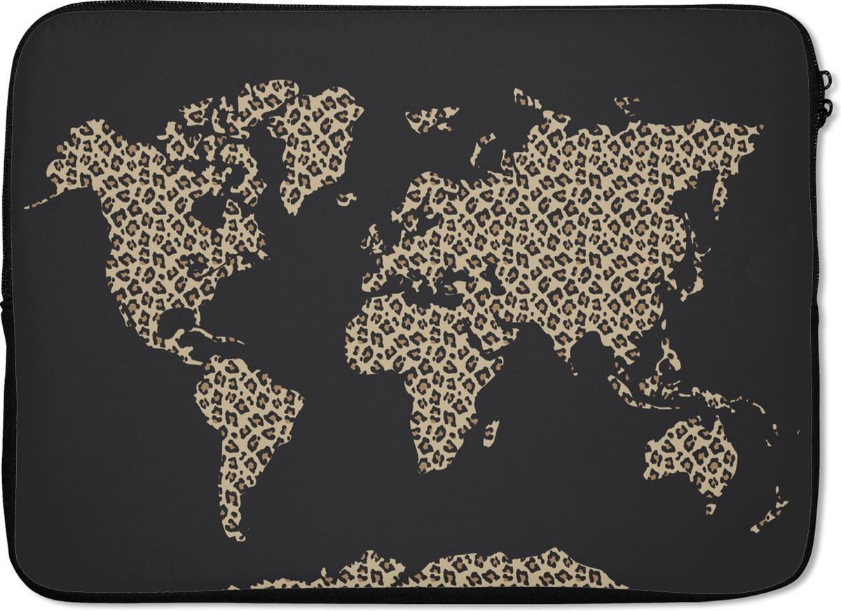 Laptophoes 14 inch - Wereldkaart - Dierenprint - Luipaard - Laptop sleeve - Binnenmaat 33x23 cm - Zwarte achterkant