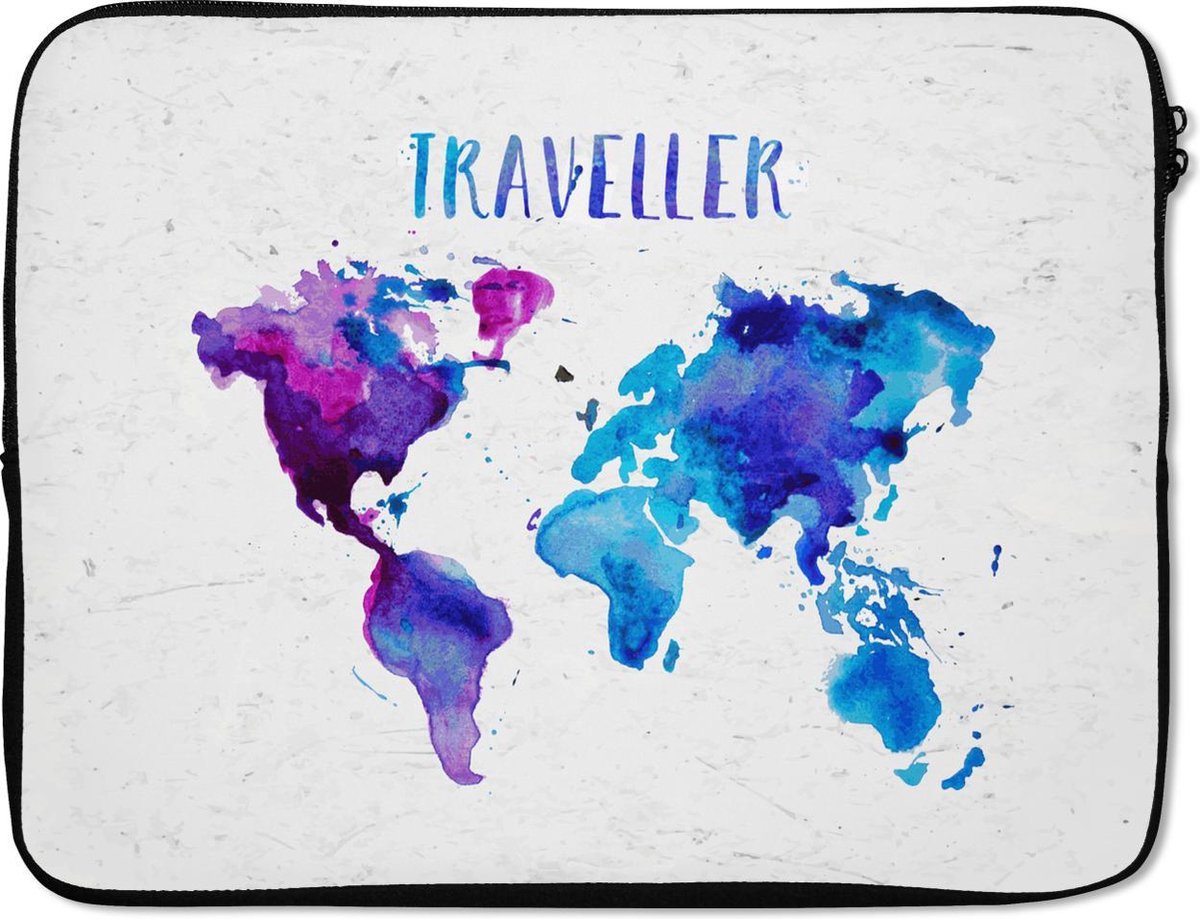 Laptophoes 17 inch - Kaart - Aquarelverf - Tekst - Laptop sleeve - Binnenmaat 41x28 cm - Zwarte achterkant