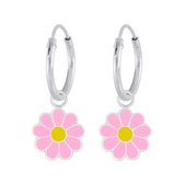 Joy|S - Zilveren bloem bedel oorbellen - madelief roze geel - oorringen