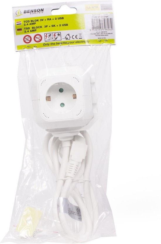 AICODE Stekkerkubus 3680W met PD 20W - 4 USB (2x type-C) 3-voudig meervoudige stekkerdoos met 3 m verlengkabel - draagbaar voor reizen, kantoor en huishouden (wit