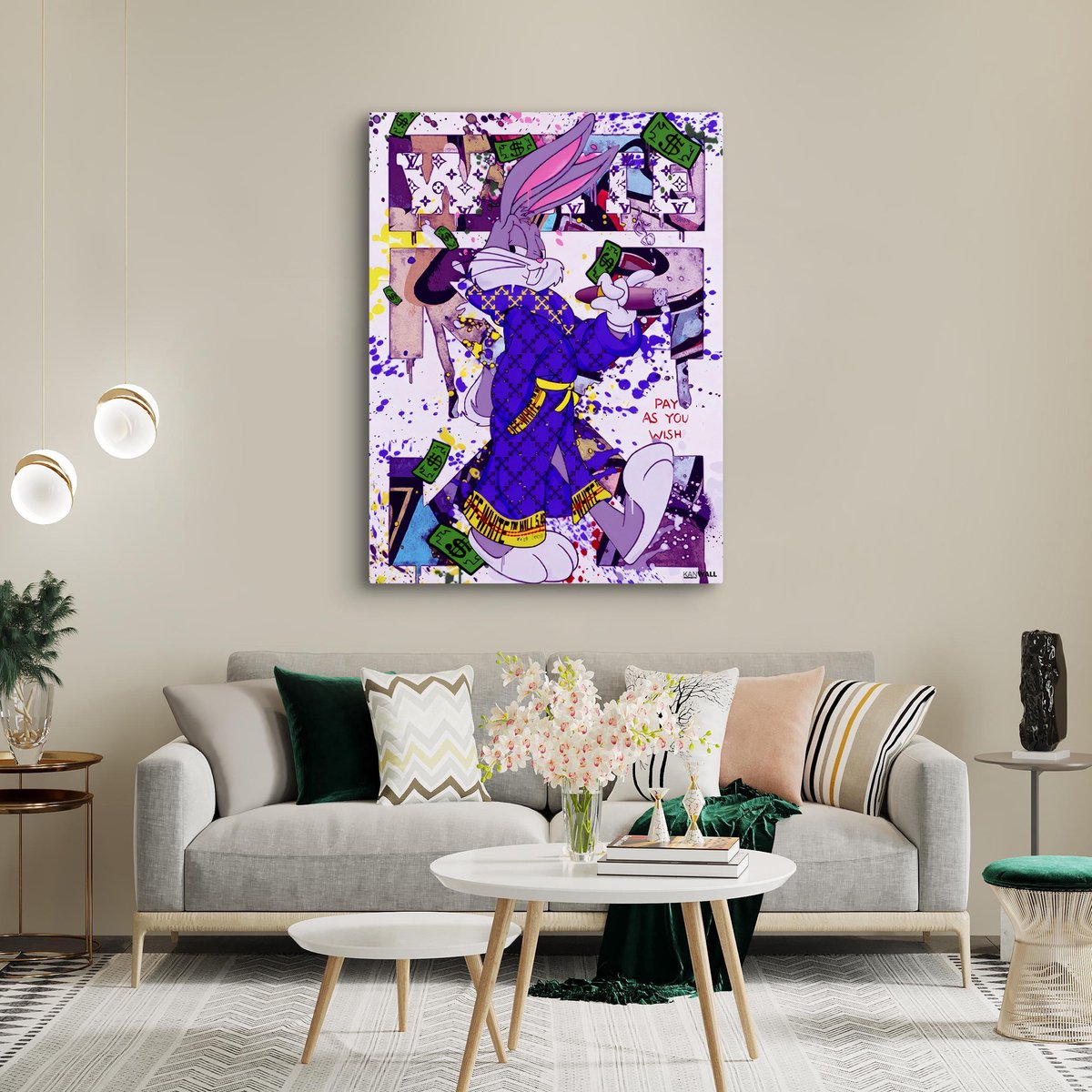 Kanwall - Schilderij - Luxe Woonkamer Slaapkamer Konijn Haas Cartoon Design Art ** Dik! Effect** - Wit, Blauw En Paars - 100 X 75 Cm