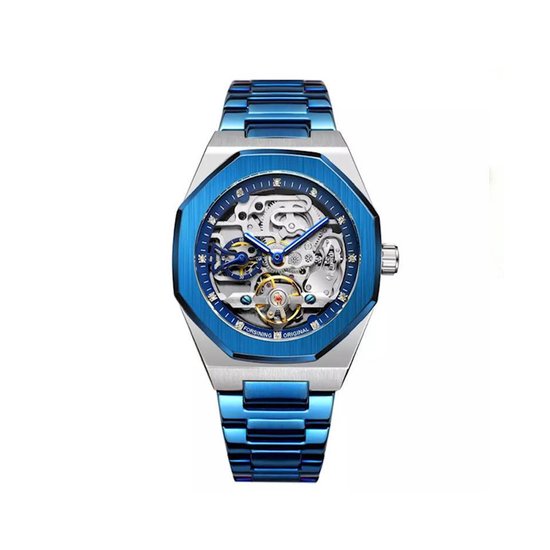 Tourbillon Skeleton Horloge Blauw&Zilver | Waterafstotend | Cadeau Giftbox | Blauw&Zilver | Automatic Horloges | Automatisch Watchwinder | Skeleton Horloges Unisex | Jongens Heren | Vaderdag Cadeau