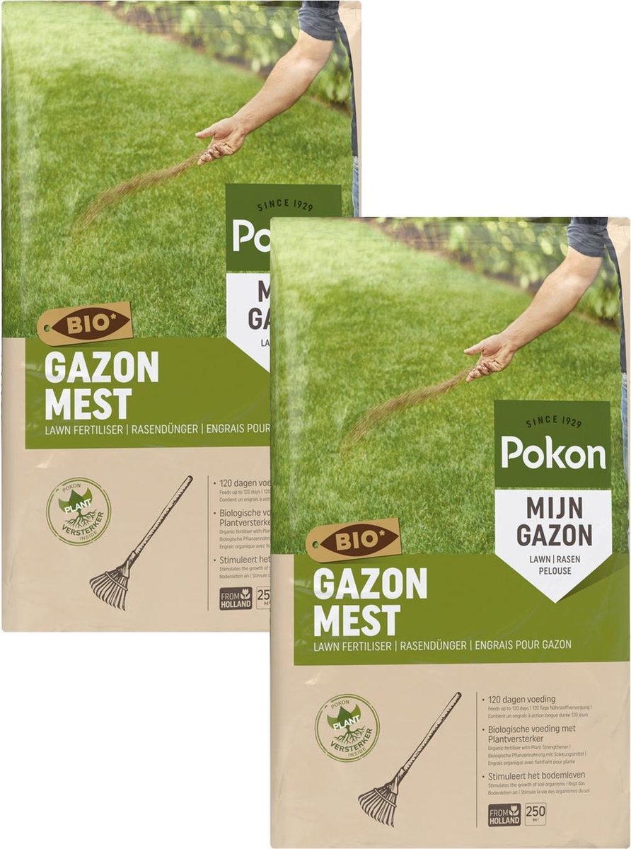 Pokon Bio Gazonmest - 2 x 16,8kg - Mest - Geschikt voor 2 x 250m² - 120 dagen biologische voeding - Voordeelverpakking