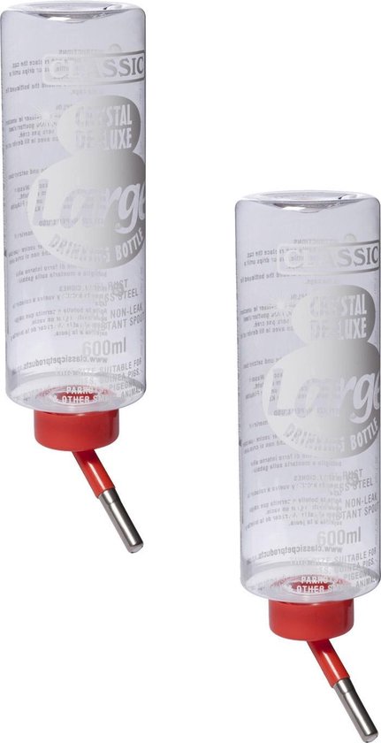 Deux bouteilles d'eau transparentes de 600ml avec bouchon rouge et bec en métal, toutes deux imprimées avec 'Crystal de Luxe Large Drinking Bottle'.