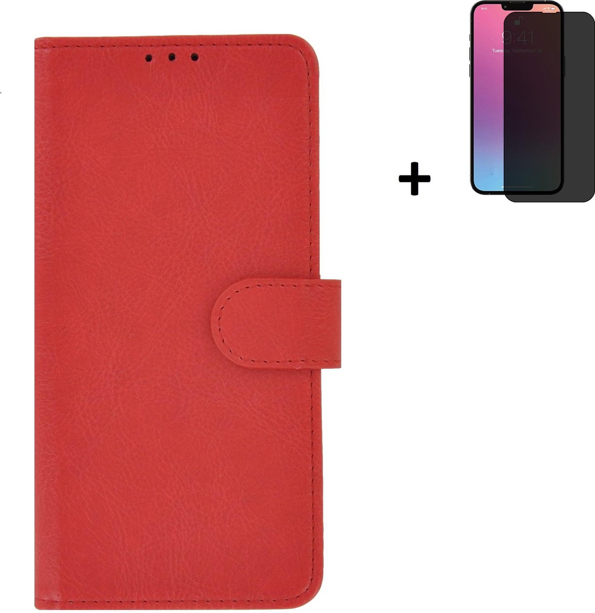 Hoesje Geschikt voor iPhone 13 Pro + Screenprotector iPhone 13 Pro - iPhone 13 Pro Hoes Wallet Bookcase Rood + Privacy Tempered Glass