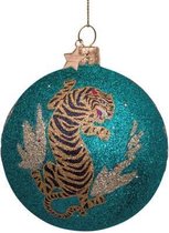 Glazen kerstbal groen glitter met tijgerprint H9cm