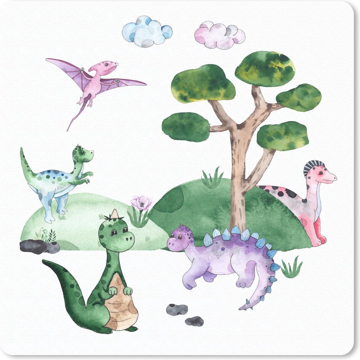 Muismat 20x20 cm - Mousepad Kinderkamer - Dinosaurus - Wit - Jongens - Meisjes - Kindje - Muismatten