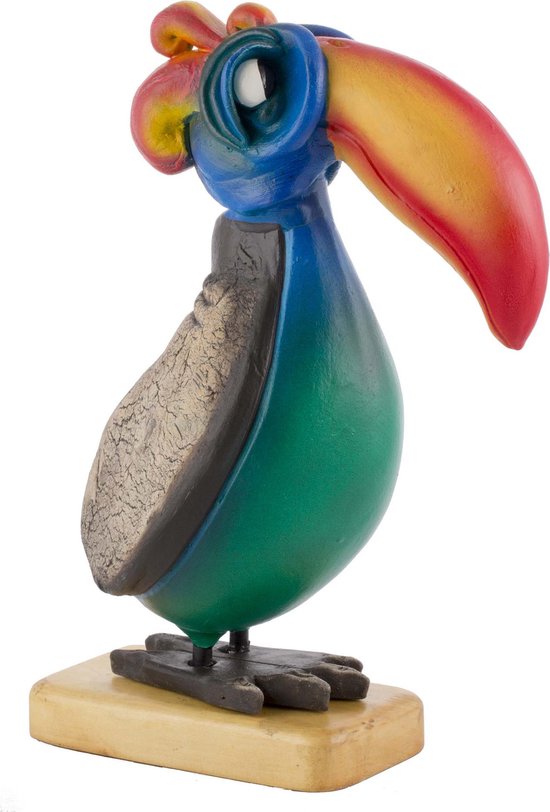 Comix Cartoon - vogel - pelikaan - kaketoe - Plods - groen - uniek handgeschilderd - massief beeld - op houten voet