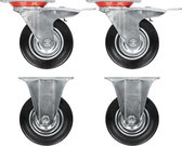 4 stuks transportrollenset 125mm met rem uit staal zwart