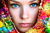 JJ-Art (Canvas) | Vrouw gezicht met kralen in abstracte olieverf look | ogen, lippen, modern | Foto-Schilderij print op Canvas (canvas wanddecoratie) | KIES JE MAAT