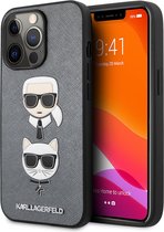 Zilver hoesje van Karl Lagerfeld - Hardcase Backcover - iPhone 13 Pro - Karl & Choupette Heads