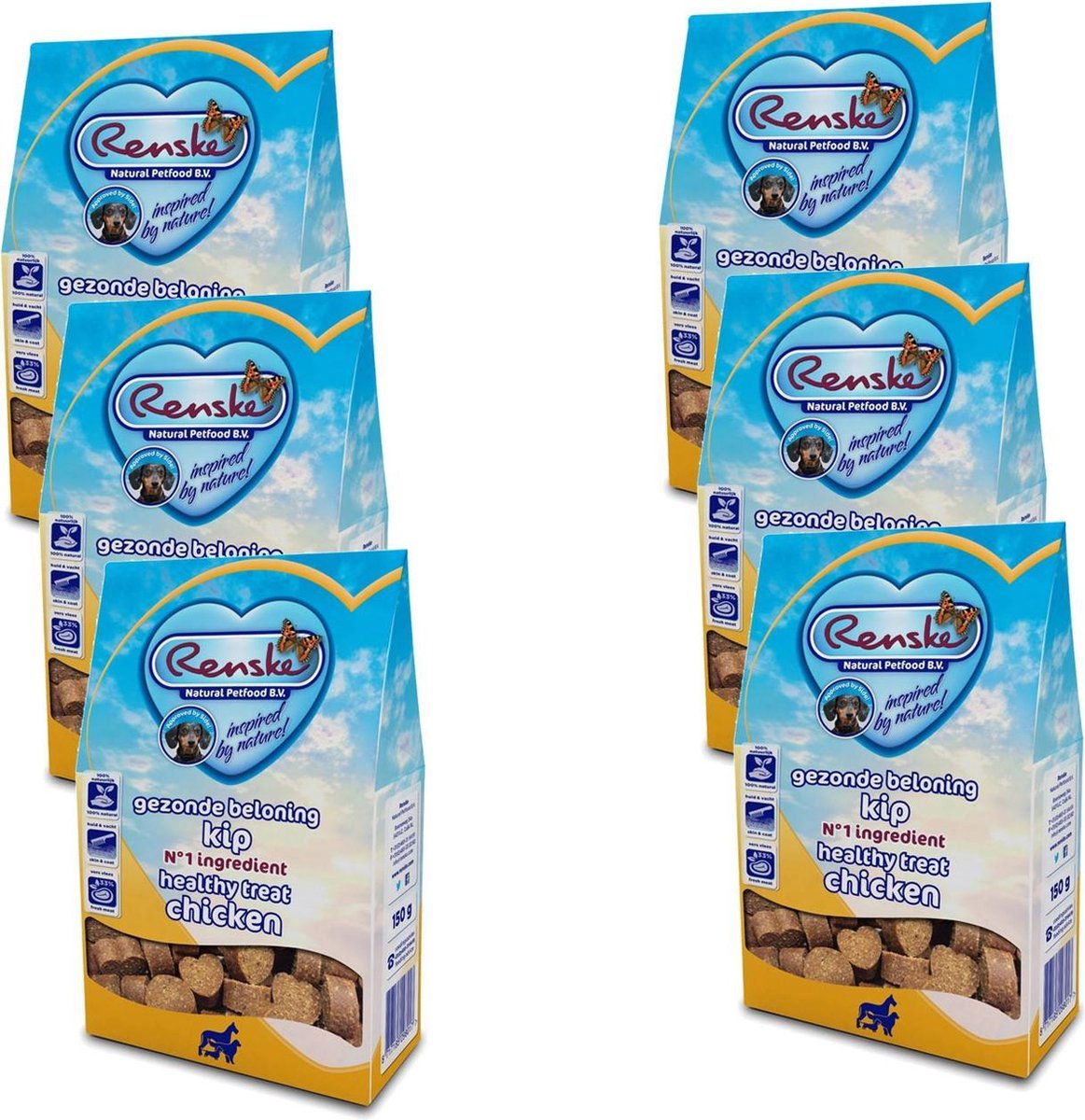 Renske Gezonde Beloning Hartjes 150 g - Hondensnacks - 6 x Kip