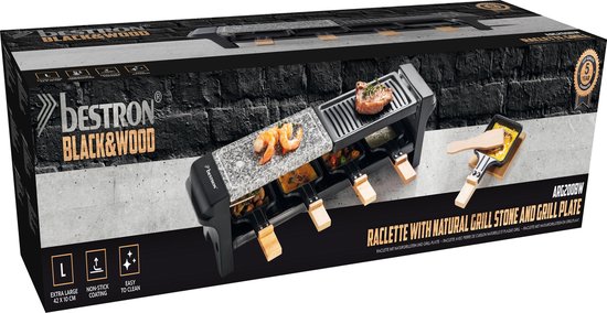 Bestron elektrische Gourmetstel, Raclette voor maximaal 4 personen, krasbestendige natuurlijke grillsteen & bakplaat met antiaanbakplaag, inclusief 4 pannen, 4 spatels & 4 Onderzetter, 650 Watt, kleur: zwart/hout. — afbeelding 3