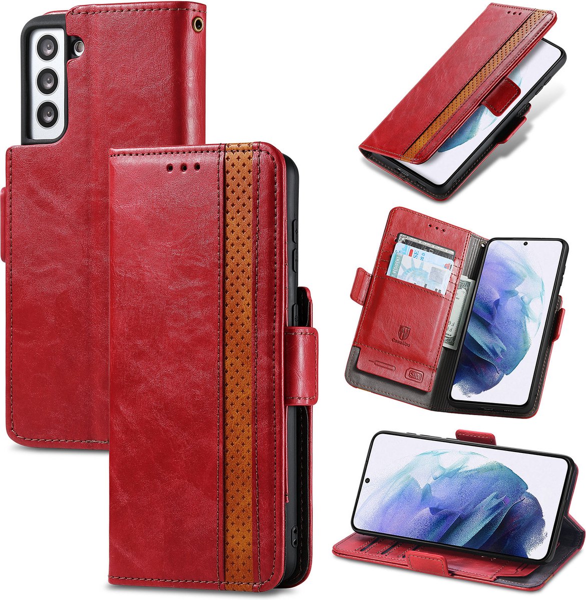 Stijlvol Tweekleurig PU-leer Wallet Flip Case voor Galaxy S21 5G _ Rood
