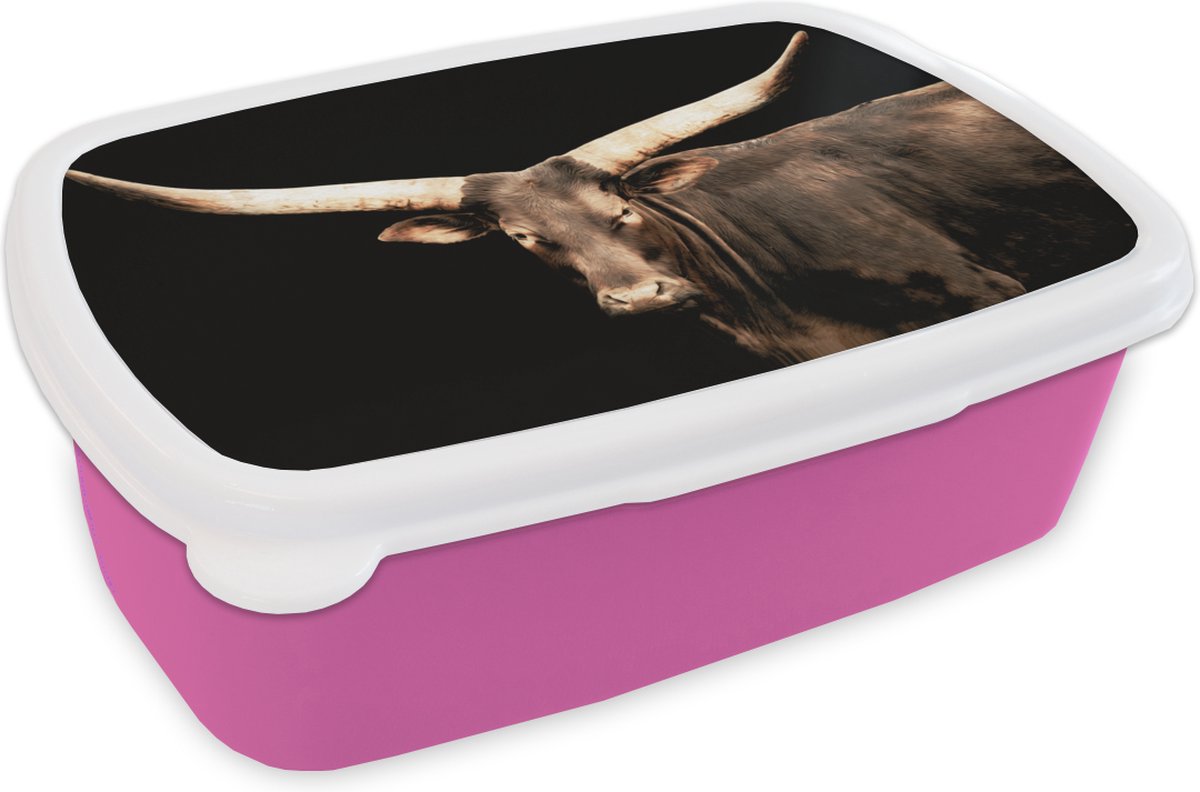Broodtrommel Roze - Lunchbox - Brooddoos - Koe - Watussi - Afrika - 18x12x6 cm - Kinderen - Meisje