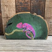 Kameleon op Boomschijf- 100% handgeschilderd - 33x20cm - YM-art