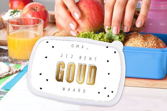 Lunch box Blauw - Lunch box - Boîte à pain - Cadeau pour femme - Grand-mère - Vous valez de l'or - Or Zwart - 18x12x6 cm - Enfants - Garçon