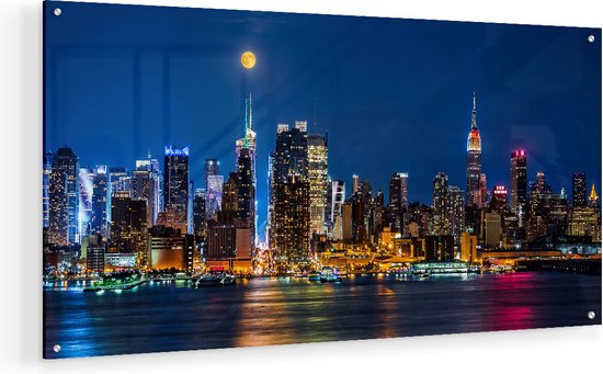 Artaza Glasschilderij - Verlichte Skyline Van New York Met Volle Maan - 80x40 - Plexiglas Schilderij - Foto op Glas