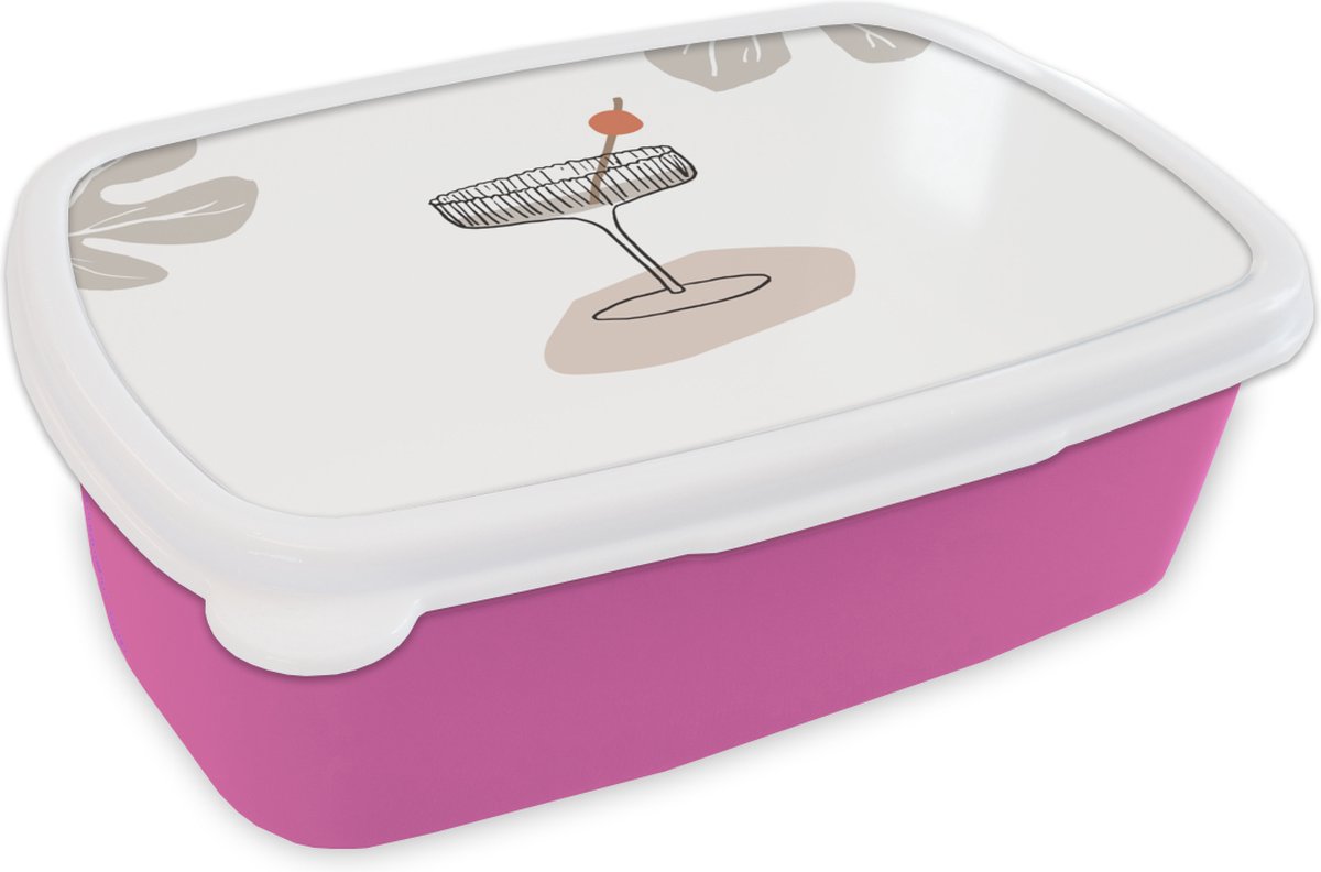 Broodtrommel Roze - Lunchbox - Brooddoos - Zomer - Glas - Blad - 18x12x6 cm - Kinderen - Meisje