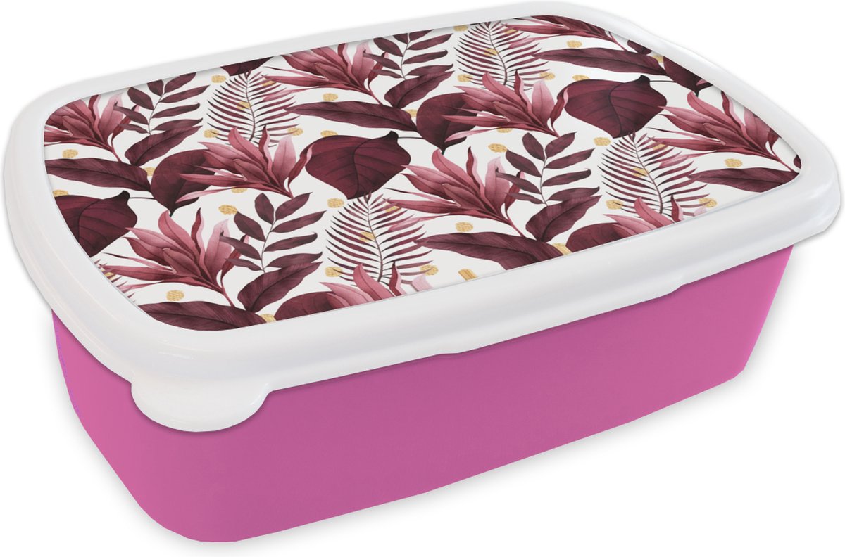 Broodtrommel Roze - Lunchbox - Brooddoos - Tropisch - Paars - Goud - 18x12x6 cm - Kinderen - Meisje