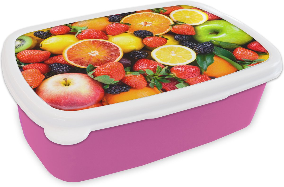 Broodtrommel Roze - Lunchbox - Brooddoos - Aardbei - Citroen - Fruit - 18x12x6 cm - Kinderen - Meisje