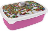 Broodtrommel Roze - Lunchbox - Brooddoos - Hamster tussen het kleurrijke snoep - 18x12x6 cm - Kinderen - Meisje