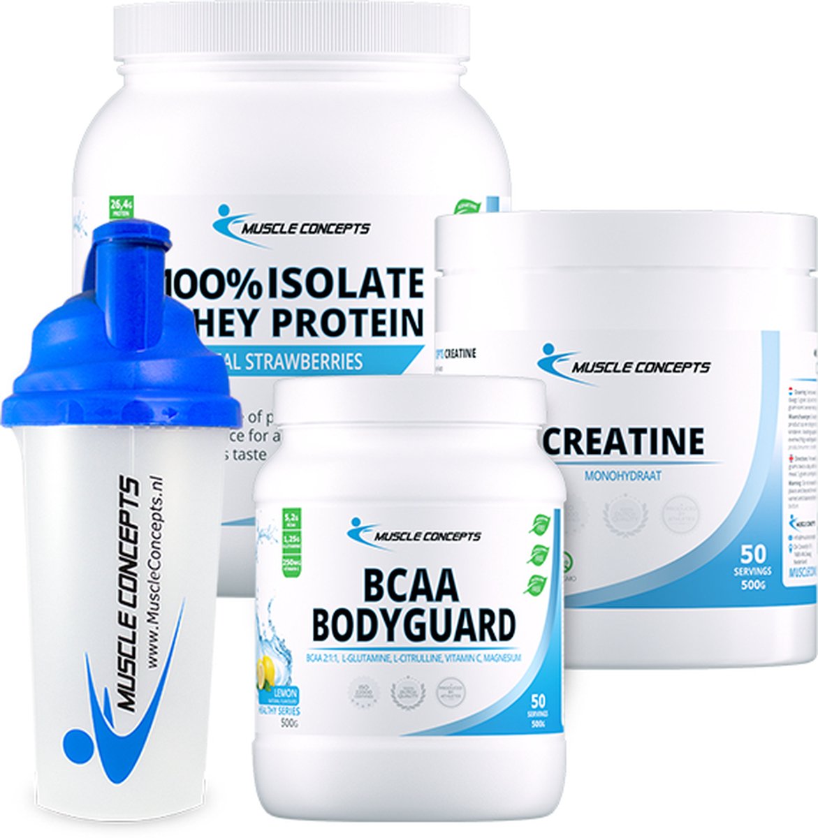Introductiepakket incl. gratis shakebeker | Muscle Concepts - Creatine, BCAA Bodyguard & Whey Isolaat (100%) Aardbei eiwitten
