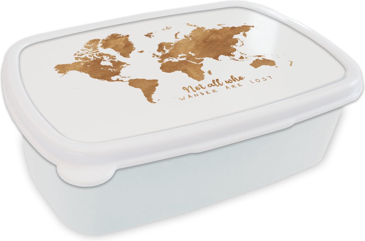 Broodtrommel Wit - Lunchbox - Brooddoos - Wereldkaart - Brons - Touw - 18x12x6 cm - Volwassenen