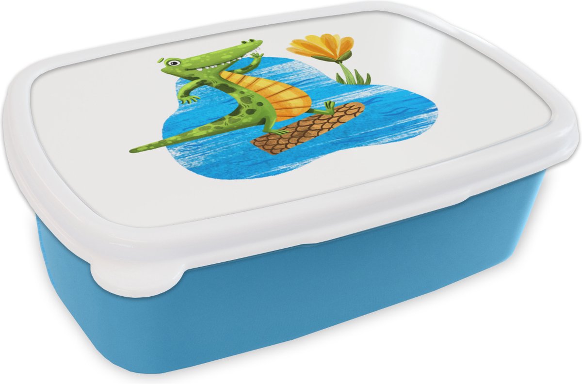Broodtrommel Blauw - Lunchbox - Brooddoos - Krokodil - Water - Jungle - 18x12x6 cm - Kinderen - Jongen