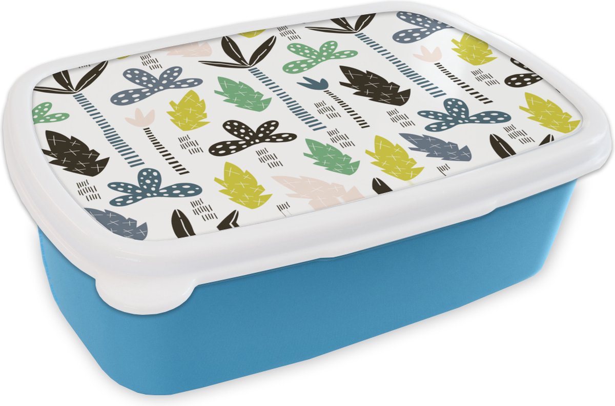 Broodtrommel Blauw - Lunchbox - Brooddoos - Jungle - Blad - Boom - Patroon - 18x12x6 cm - Kinderen - Jongen
