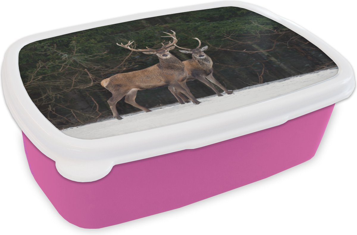 Broodtrommel Roze - Lunchbox - Brooddoos - Hert - Sneeuw - Bos - 18x12x6 cm - Kinderen - Meisje