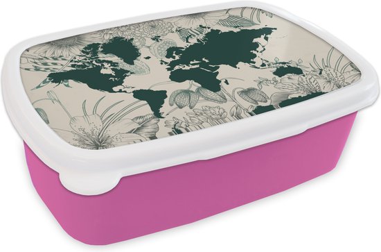 Broodtrommel Roze - Lunchbox - Brooddoos - Wereldkaart - Bloemen - Planten - 18x12x6 cm - Kinderen - Meisje
